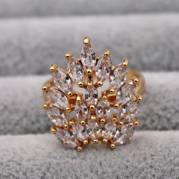 18K Yellow Gold Filled Multi Layer Flower Leaf Diamond Zircon Ring Gorgeous Gift - Picture 5 of 7